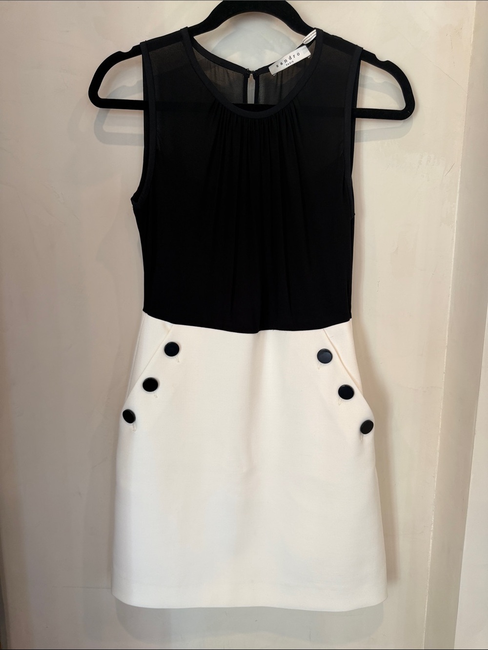 Sleeveless Black & White Mini Dress with Button Detail